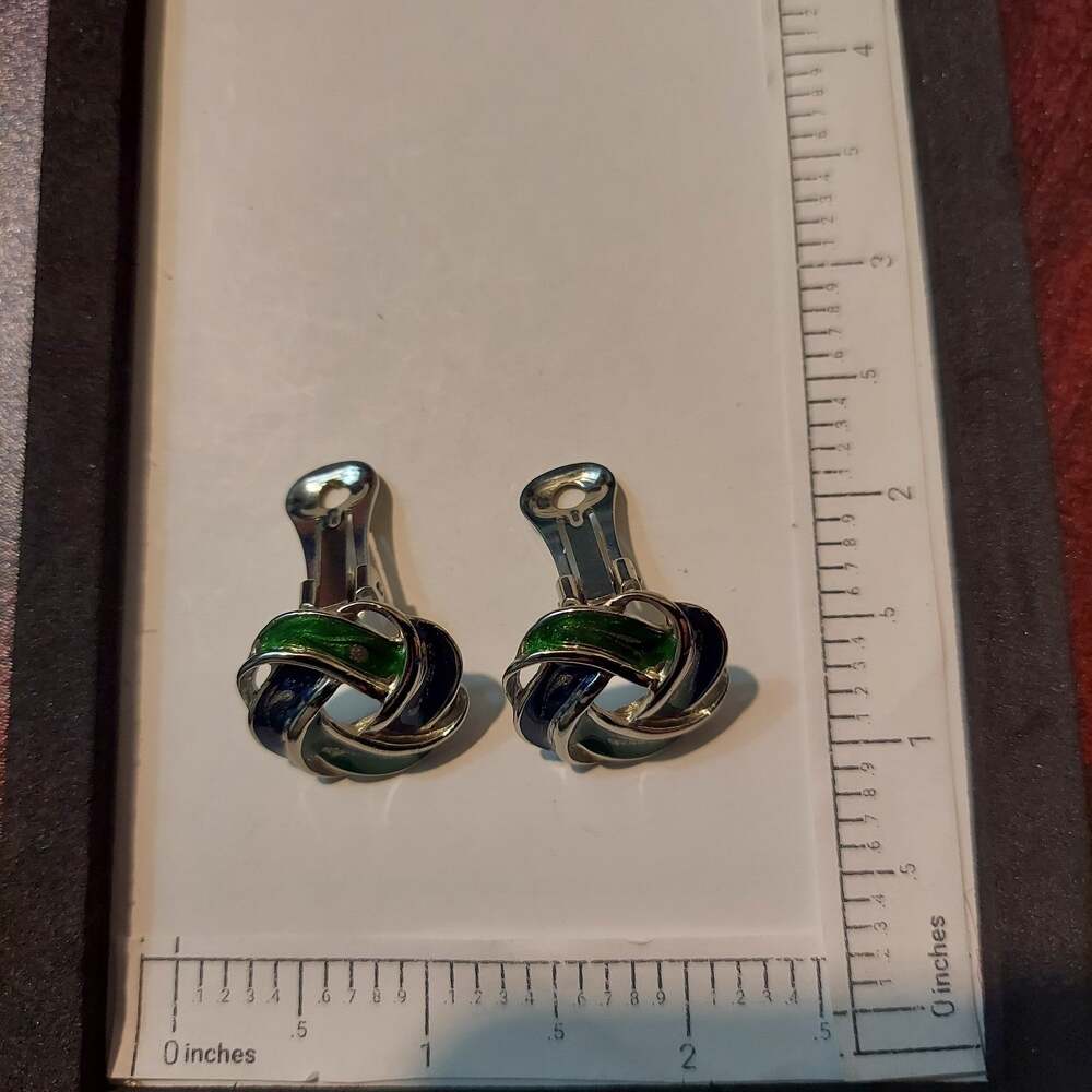 Made in USA Silver Tone with Green and Blue Clip On Earrings